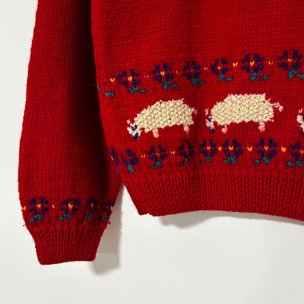 Vintage Allen Solly Red Wool Knit Sweater Embroidered Sheep Collar Women Medium - Picture 2 of 6